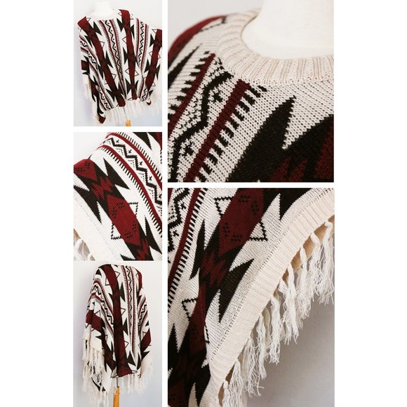 NEW Tribal Aztec BOHO Knit Fringe Sweater Poncho - Picture 5 of 10